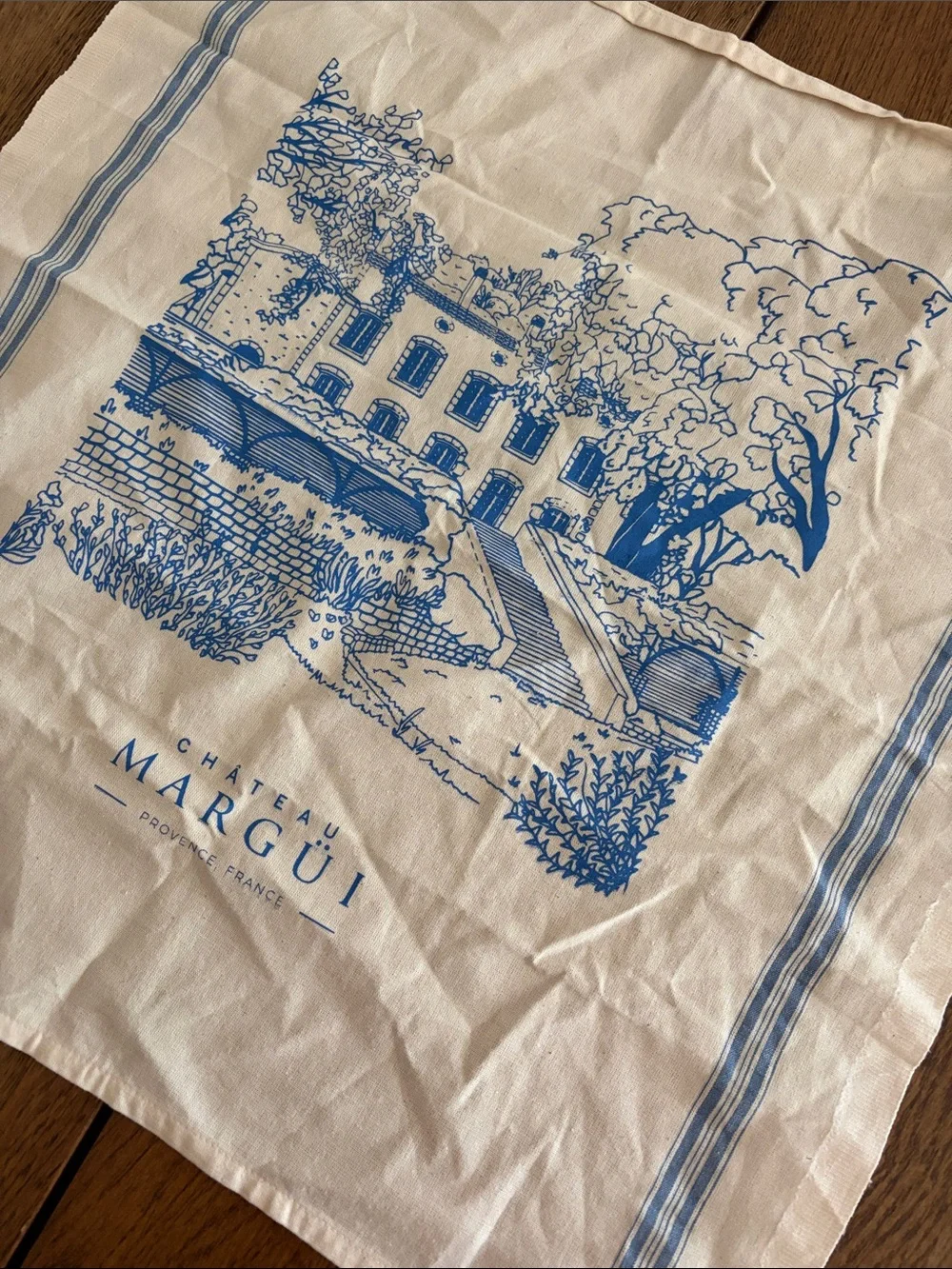 THIEFFRY 100% Cotton Château Margüi Provence, France Blue & Cream Tea Towel